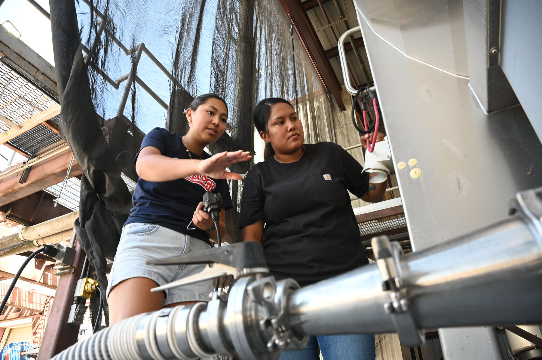 Students using winery equipment